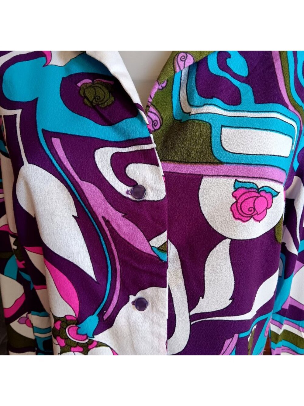 True Vintage Top Large 70s Psychedelic Hot Blouse Abstract Floral Groovy Hippie
